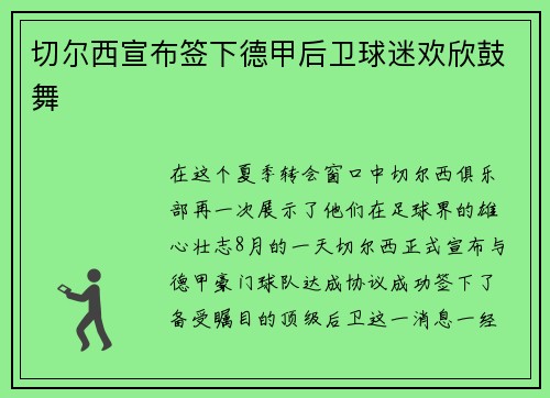 切尔西宣布签下德甲后卫球迷欢欣鼓舞