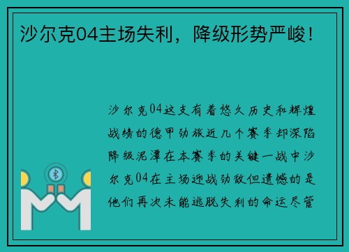 沙尔克04主场失利，降级形势严峻！